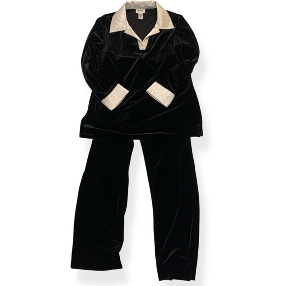 VTG Neiman Marcus Black White Lounge Suit Black Velvet White Satin Collar & Cuff - Picture 3 of 16